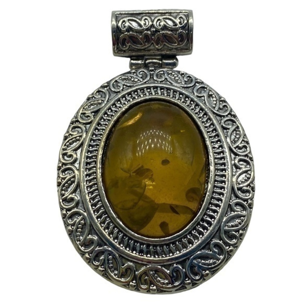 Pressed Amber Gemstone Sterling Silver 925 Pendant 2 5/8in